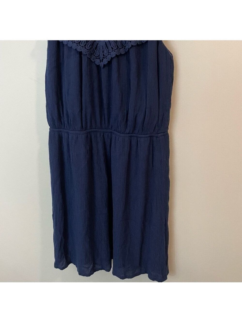 Dex Boho Crochet Mini Dress XS Navy Blue Defined Waist Sleeveless Blouson Short - Picture 3 of 9